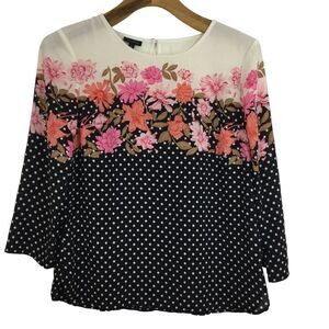 Talbots Women Floral Polka Dot 3/4 Sleeve Round Neck Blouse Top Black Pink Small